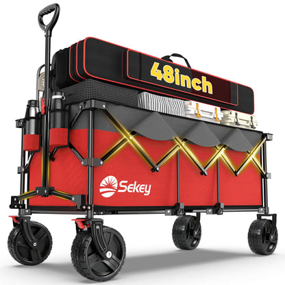 Sekey 48''L Collapsible Foldable Extended Wagon with 660lbs Weight Capacity, Heavy Duty 300L Folding Utility Garden Cart with Big All-Terrain Beach Wheels & Drink Holders. Red&Grey