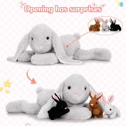 MaoGoLan 4Pcs Large Bunny Stuffed Animal with 3 Babies Inside, 24" Giant Easter Bunny Plush Toys, Soft and Cuddly Gray Stuffed Rabbit Gift for Kids,Girls,Boys,Teens