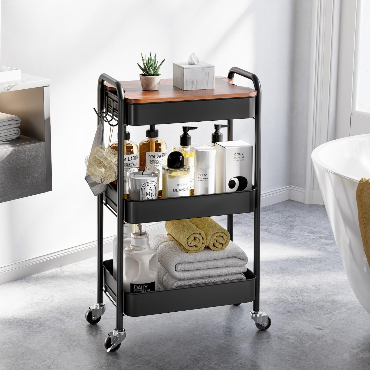 TOOLF 3-Tier Rolling Cart with Table Top, Metal Storage Cart on Wheels, Utility Organizer with Wooden Tray, Lockable Casters, Easy Assembly for Bathroom, Living Room, Office, Kitchen, Black