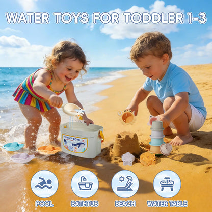 Baby Bath Toys, 21PCS | Easy Clean & Mold Free Bath Toys for Babies 6-12 Months | Educational Shape-Sorting Lid & Baby Stacking Cups | Tub Water Pool Beach Toy for Baby Gift with Portable Storage Bin