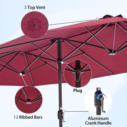 DUMOS 15FT Large Patio Umbrella with Base Included, Heavy Duty Extra Wide Outside Umbrella with 12 Ribbed Bars, Rectangle Outdoor Table Umbrella for Patio, Backyard, Pool, Deck & Garden, Red