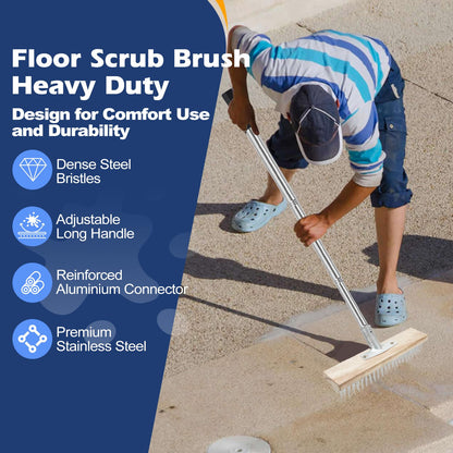 ROLKAR Floor Scrub Brush, Deck Brushes for Scrubbing Heavy Duty, Concrete Scrubber Outdoor Broom, Metal Wire Pool Brush Stainless Steel, Garage Patio Gunite Tile Algae Moss Cleaning Tool Long Handle