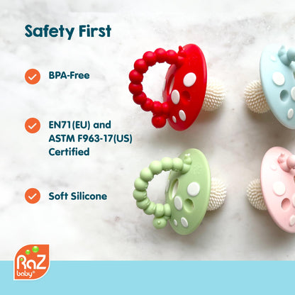 RaZbaby Soft Silicone Infant & Baby 3M+ Teether Toy Massaging Bristles Teething Relief Pacifier - Soothes Sore Gums - Hands-Free & Easy-to-Hold Chompy Teether 4PK, BPA Free (Lavender/RED/Pink/Green)