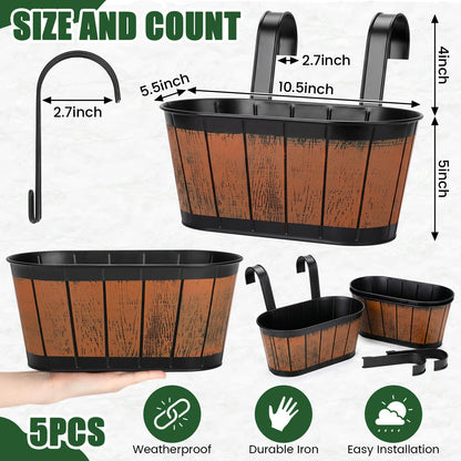Ferrochef 5 Pcs Wine Barrel Metal Hanging Flower Pots 10.5" Fence Hanging Planters Outdoor Pot Wine Barrel Wall Planter with Detachable Hooks for Fence Garden Yard Home Decor