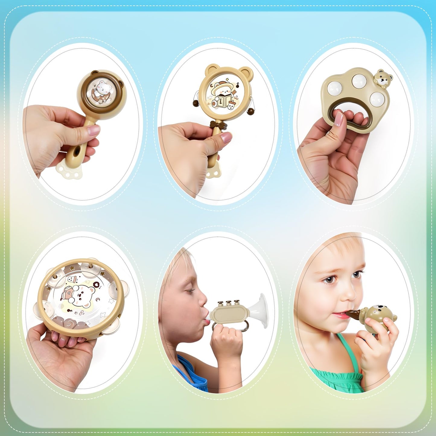 Baby Musical Toys for Toddlers 1-3: 6pcs Montessori Kids Musical Instruments Infant Baby Teething Toy with Rattle & Tambourine for Preschool Learning Birthday for Boys Girls