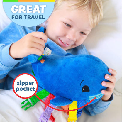 Buckle Toys - Blu Whale - Develop Motor Skills and Problem Solving - Counting and Color Recognition - Easy Travel Toy - Learning Material - Pre K Activity Stuffed Animal