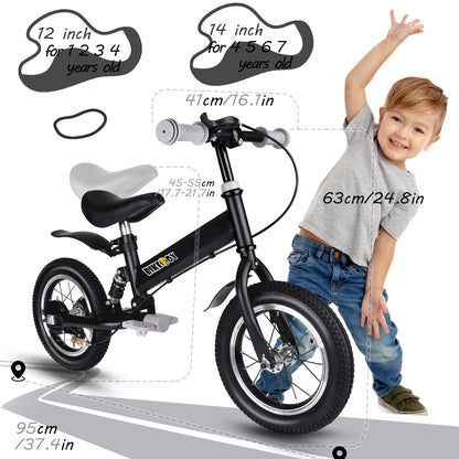 bikeboy Balance Bike 14 Inches, Dual Use Kids Bike for 2-6 Years Old, Shock Absorbers, Fenders, Pedals, Auxiliary Wheels, Black