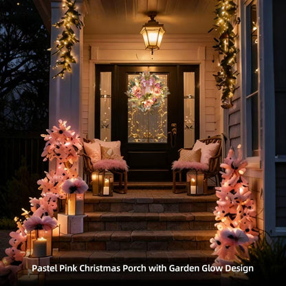 22inch Christmas Pink Wreath for Front Door with 30 LED Lights,Elegant Magnolia Christmas Door Wreath,Festive Holiday Decor, Frosted Winter Pink Decorations for Wedding