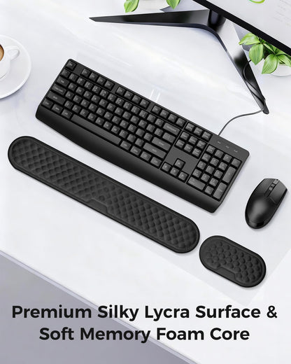 Wrist Rest Set for Keyboard and Mouse, Ergonomic Wrist Support with Memory Foam, Silky Lycra Cover, Non-Slip Base, Helps Ease Wrist Pressure and Fatigue During Long Typing and Gaming Sessions (Black)