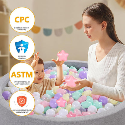 Heopeis Star Balls for Ball Pit，50 200 500 Plastic Balls with Stars Phthalate Free BPA Free for Playhouse, Baby Pool, Play Ball Fun Centers, for Babies, Kids, Toddlers 1-3 Indoor Outdoor