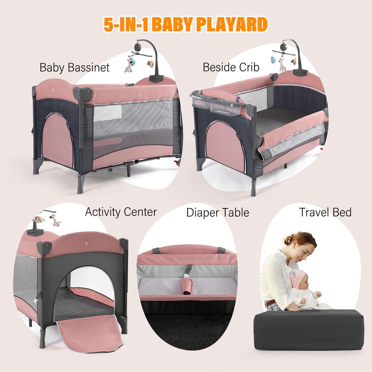 Soobaby 5 in 1 Baby Crib,Baby Bassinet, Bedside Cribs, Pack and Play with Changing Table, Portable Travel bedToys & Music Box,Mattress for Girl Boy Infant Newborn (Pink)
