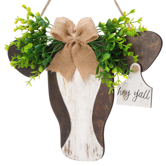 Lineshading Cow Head Door Sign Wooden Cow Welcome Hanger with Bow and Leaves Retro Farmhouse Hanging Hanger for Front Door Porch Indoor Outdoor Home Decor