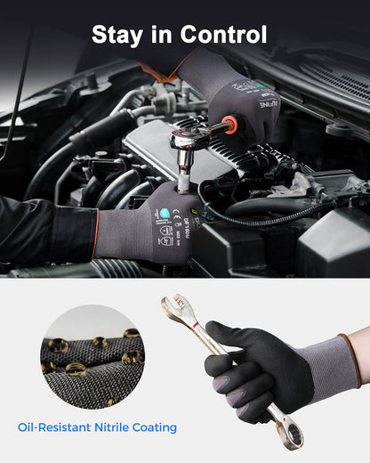 DULFINE Safety Work Gloves MicroFoam Nitrile Coated-12 Pairs Pack,Seamless Knit Nylon Glove with Black Micro-Foam Nitrile Grip,Ideal for General Purpose,Automotive,Home Improvement,Painting(Medium)