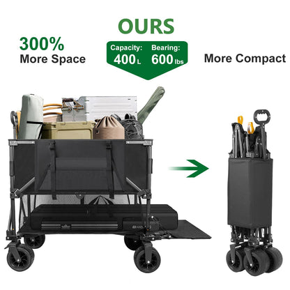 UNITON Double Decker Wagon 600lb Capacity & 400L Collapsible Sports Wagon with Big Wheels 54" Extended Utility Folding Cart for Camping Fishing & Outdoor Use