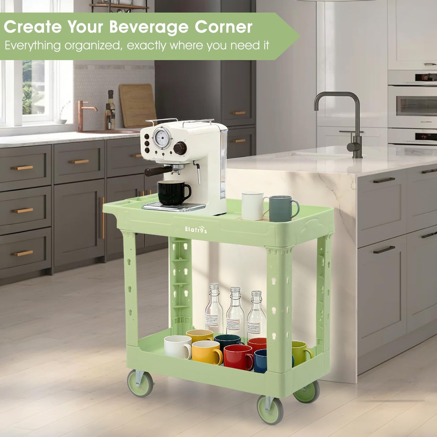 ELAFROS 2-Tier Plastic Utility Cart with Deep Tub Shelves, 34 x 17 in Rolling Work Cart, Swivel Casters, 550 lbs Capacity, Pistachio Green