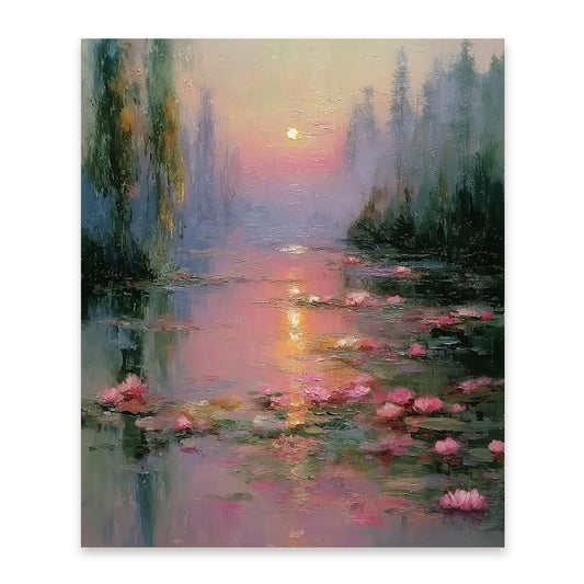 FOPENEM Pink Pastel Sunset Waterlily Landscape Diamond Painting Kit for Adults Beginners 9.8x11.8 Inch, Romantic Impressionist Lotus Flower Pond Gem Diamond Painting Art Kits for Home Wall Decor