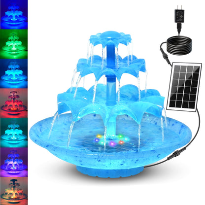 3.5W Solar Fountain Pump for Bird Bath, 3-Tier Blue Solar Water Pump with 8 LED Lights, 32.8FT Power Cord and Adapter Included, Dual-Powered for 24/7 Use for Garden, Pond, Pool, Fish Tank and Lawn