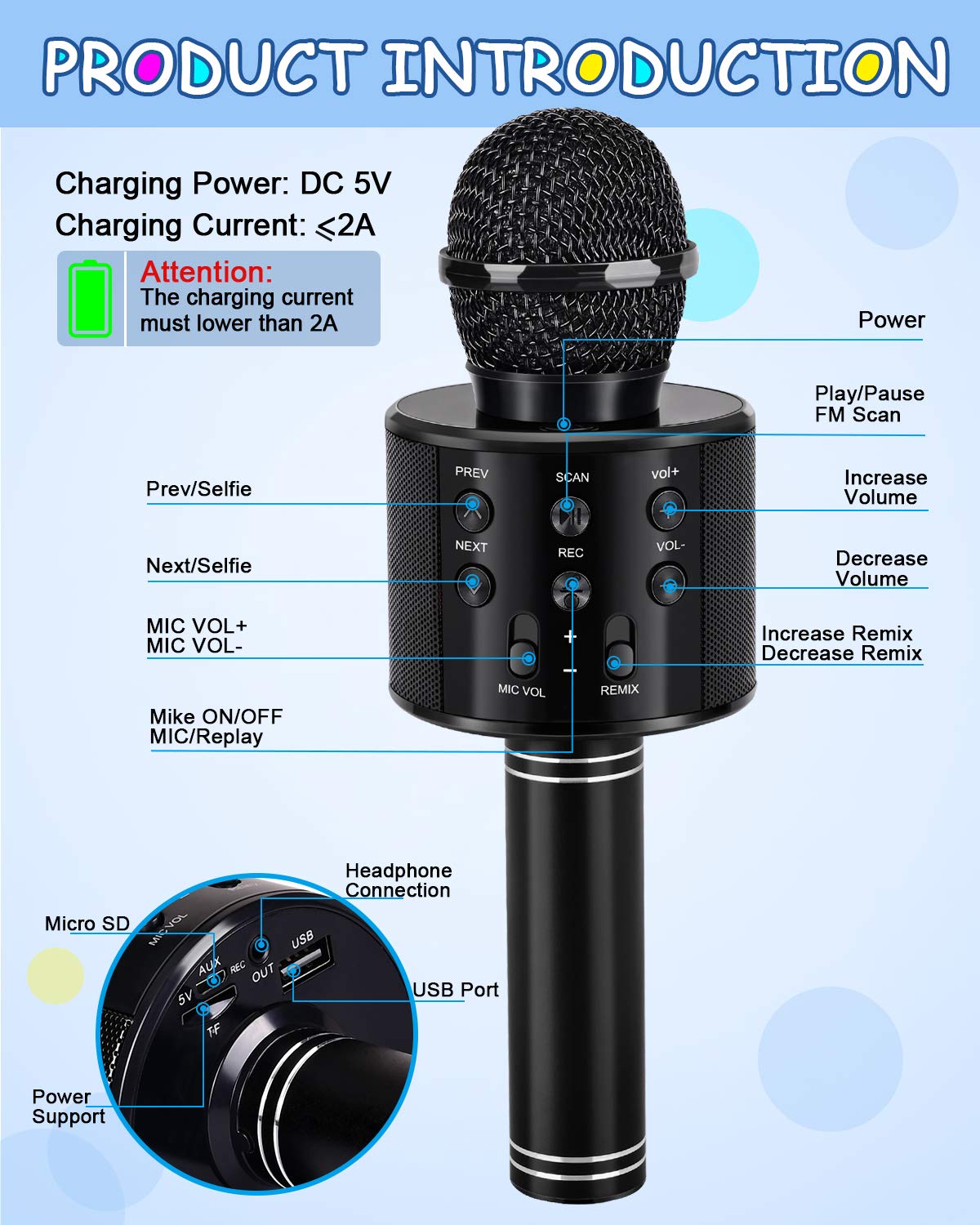 Dodosky Kids Toys Age 3-12, Karaoke Microphone for Kids Birthday Presents Gifts for 5 6 7 8 9 10 11 12 Year Old Girls Boys Toys for 4-11 Year Old Girl Boy Teen - Black