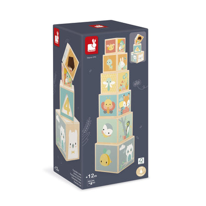 Janod J05147 First Wooden Pyramid - 6 Cubes Stacking Toy - Develops Dexterity and Imagination - Early Ages 12 Months from 12 Months, Multi-Coloured