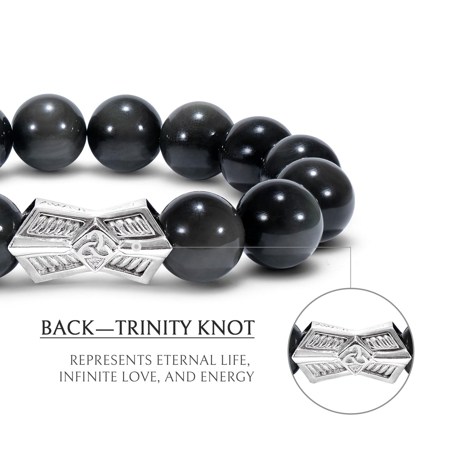 AWNL® Men's Beaded Bracelet with Sterling Silver Engraved Runes Charm 12mm Obsidian Natural Gemstone Gift for Men, 6.5''-7.1''