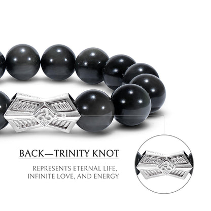 AWNL® Men's Beaded Bracelet with Sterling Silver Engraved Runes Charm 12mm Obsidian Natural Gemstone Gift for Men, 6.5''-7.1''