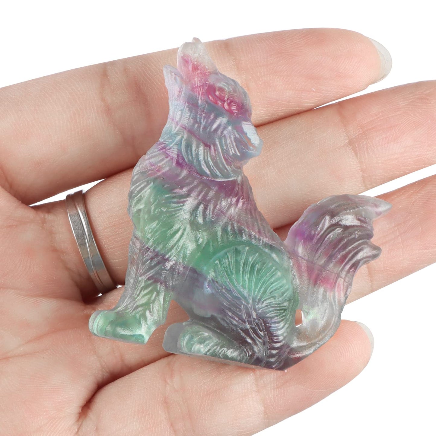 LEADGEM 2" Crystal Wolf Statue Decor Rainbow Fluorite Crystal Big Tail Wolf Figurine Healing Stones Statue Carved Wolve Sculpture Ornaments Wolves Figure with Gift Box