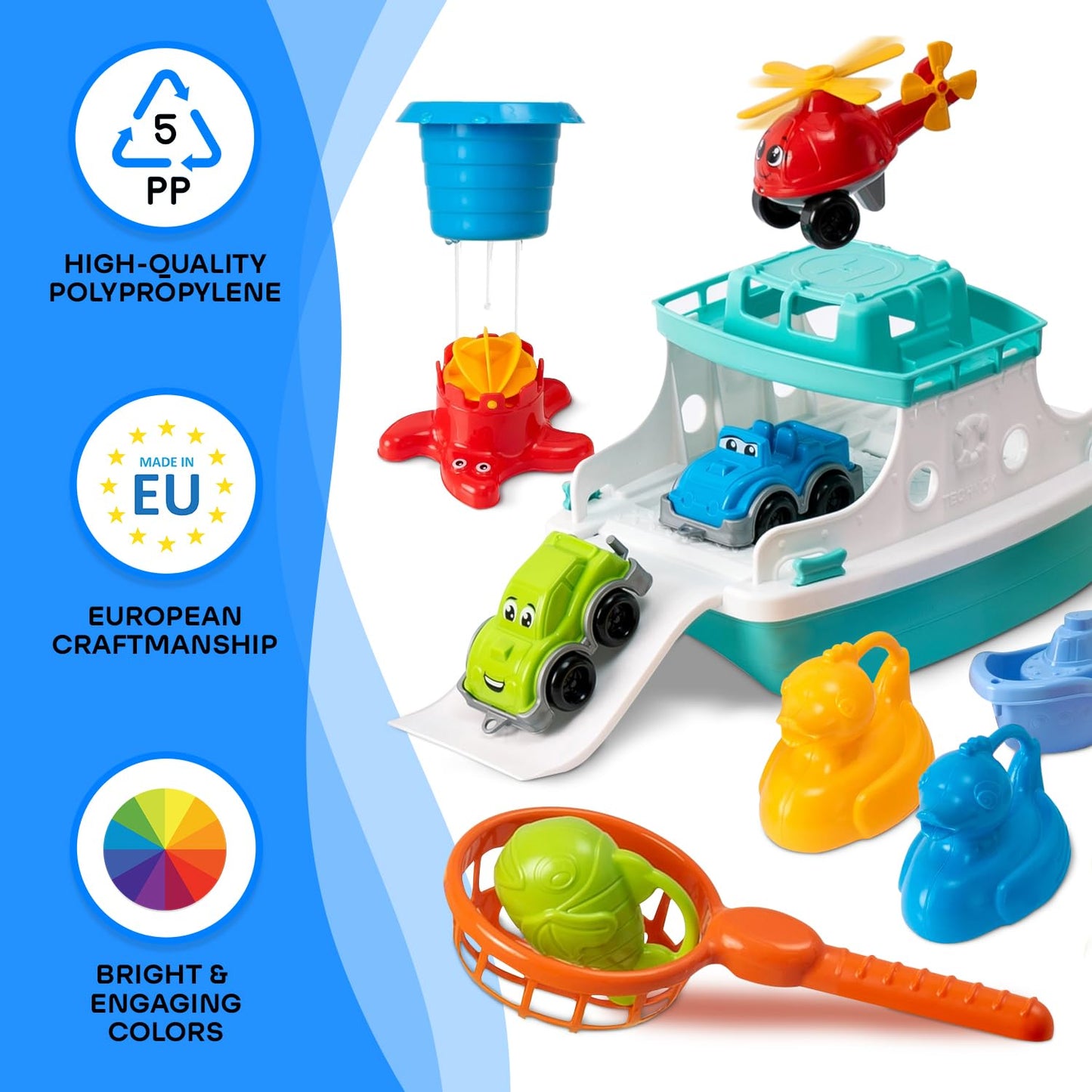 uToyz Ferry Boat Kids Bath Toy Set – 17 Pcs Toddler Pool Toys with Stacking Cups, Toy Ferry Boat, Train, 2 Cars & A Helicopter Addition for Fun Water Play, Toddler Bath Toys for 1 Year Old & Up
