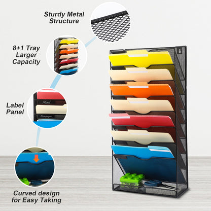 EASEPRES Desk File Organizer Mesh 9-Tier, Hanging Wall Mount Document Organization Stand, Desktop Vertical Mail Paper Folder Holder Rack with Bottom Tray for Office Home Cubicle Countertop, Black