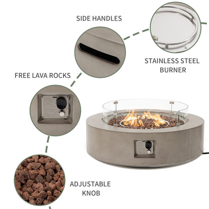 COSIEST 2-Piece Outdoor Propane Firepit Table Set w Tank Table, 42" Fire Table Certified, 50,000 BTU w Gray Round Base,Wind Guard and 16 inches Tank Side Table 20lb for Garden,Pool