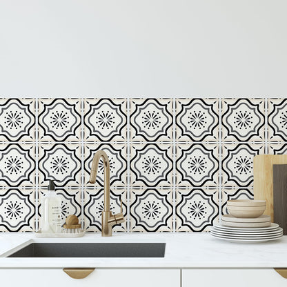 30 Count Moroccan Tile Decals 4 in – Self Adhesive Vinyl Wall Stickers, Waterproof Peel & Stick for Kitchen Backsplash, Bathroom, Stair Tread Accent, Neutral Tan/Black (Black)