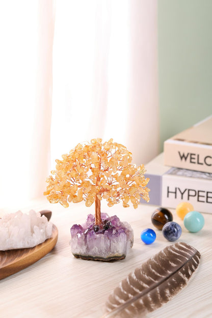Jovivi Natural Citrine Healing Crystal Money Tree on Amethyst Cluster Geode Druzy Base Feng Shui Crystals for Home Office Desk Decorations, Wealth, Good Luck