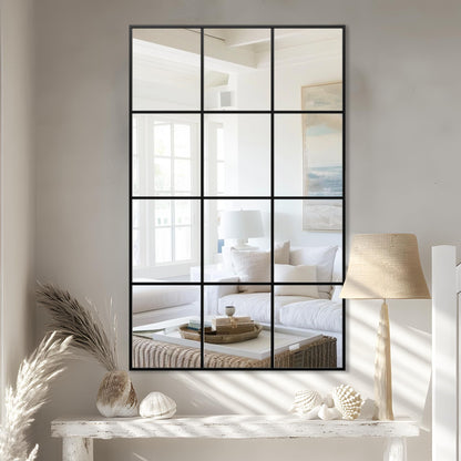 Antok Wall Mirror, 48" x 30" Window Pane Decorative Mirror, Metal Framed Wall Mounted Mirror, Hanging or Leaning for Living Room, Bedroom, Dining Room, Entryway, Black