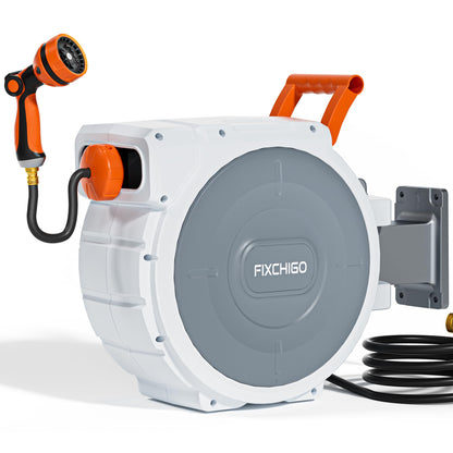 FIXCHIGO Retractable Hose Reel 5/8" x 100 FT, Heavy-Duty Garden Hose with Aluminum Bracket & Brass Seal, 10-Pattern Nozzle, Auto Rewind & Any-Length Lock, 180 Swivel, Wall Mount for Yard Lawn Patio