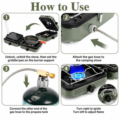 Hisencn Camping Stove,2 Burner Propane Camping Stove,Dual Griddles,30,000 BTU Portable Propane Stove with Carry Bag,Outdoor Cooking Stove set for Camping Gear,RV Essentials,Camp Gifts for Man,Green