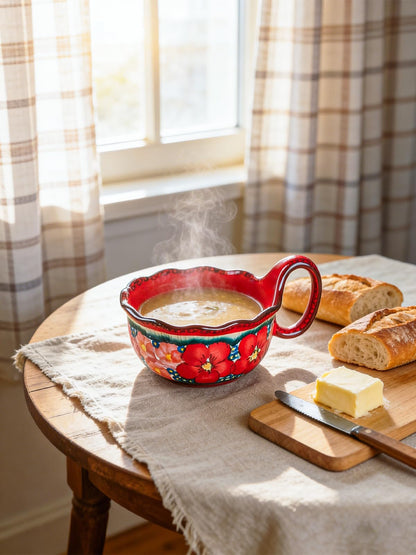 silesia Handmade Ceramic Soup Bowl with Spoon, 30 Oz Hand Painted Bowl with Loop Handle, Floral Design Cereal Bowls for Soup, Ice cream, Snack, Microwave & Dishwasher Safe (Glazed Red)