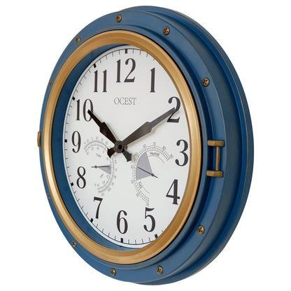 OCEST 16 Inch Indoor Outdoor Clock, Waterproof Wall Clock with Thermometer Hygrometer, Silent Non-Ticking Battery Operated Decor for Home Decor, Patio(Blue)