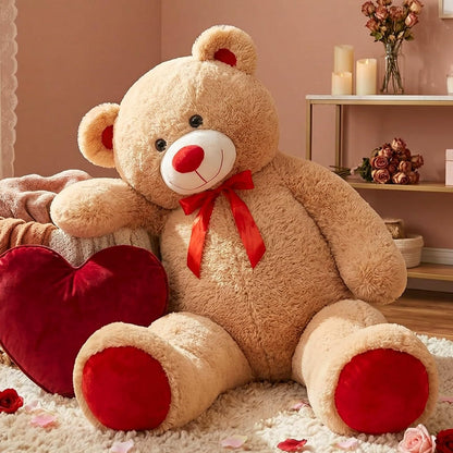 WENMOTDY Giant Teddy Bear 4ft Stuffed Animal Big Teddy Bear Plush with Red Ribbon Bow and Paw Pads Plush Toy for Girlfriend Lover Mom Kids Anniversary Valentines Birthdays Gifts 48 inch Tan