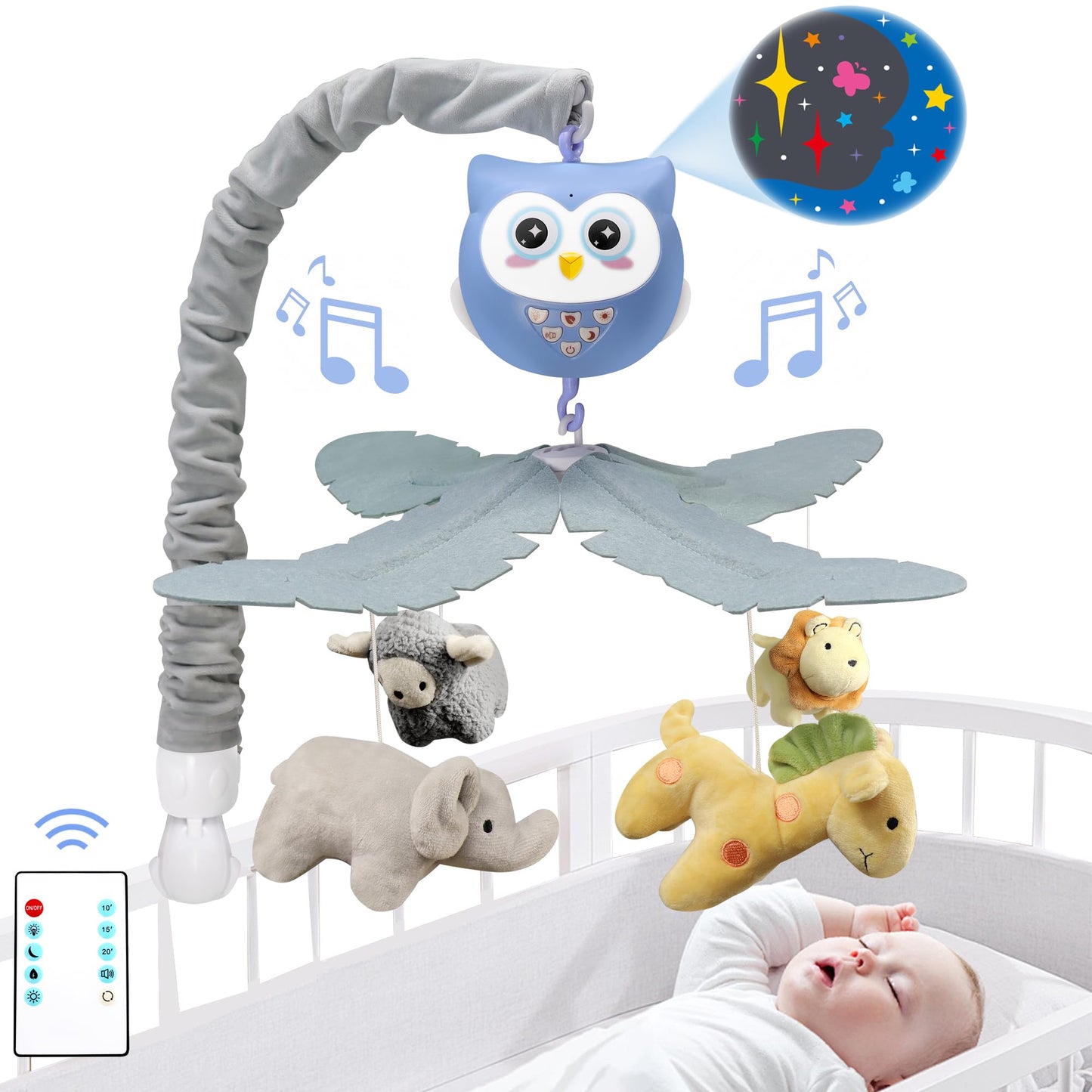 SUMWE Baby Crib Mobile with Music and Lights for Boys Musical Mobile Animals for Crib Bassinet Girls Toys Hanging Portable Safari Nursery Decor Blue