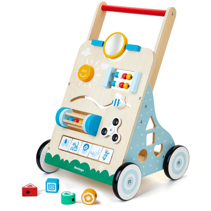 Wooden Baby Walker, 10 in 1 Baby Activity Center Walker Adjustable Wood Toddler Walker Push Walker Toy for Boys and Girls (BW001)