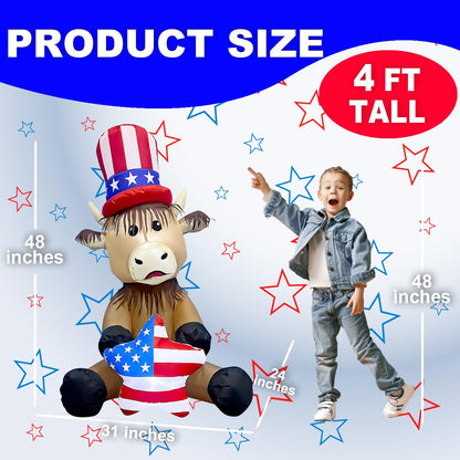 4FT Patriotic Independence Day 4th of July Inflatable Highland Cow Holding America Heart LED Lighted Blow Up Decoration Decor Home Yard Outdoor Indoor Decoration