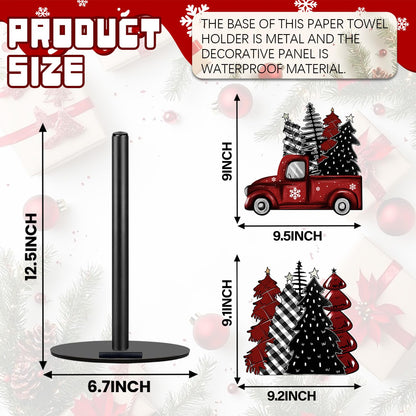 Christmas Paper Towel Holder, Red Truck Christmas Decor, Buffalo Plaid Christmas Tree Towels Paper Holder for Kitchen Countertop Bathroom Home Farmhouse, Winter Holiday Decoration Replaceable 2 Panels