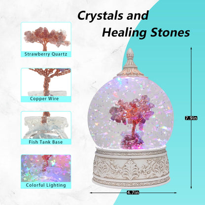 Strawberry Quartz Healing Crystal Tree Globe Colorful Lights and Glitter, Natural Gemstone Base, Spiritual Meditation, Positive Energy Good Luck, Home Decor, Birthday Gifts (Strawberry Quartz)