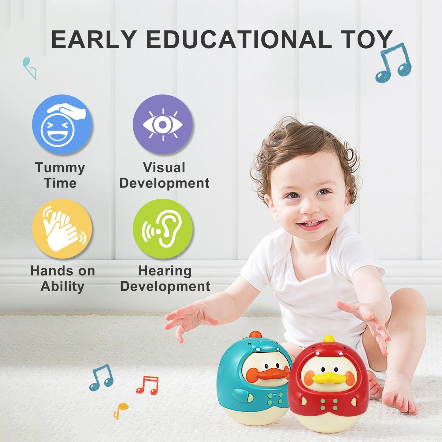 Tinabless Tummy Time Toys, Dinosaur-Duck Roly Poly Baby Toy, Musical Wobbler Toy | Tumbler Wobbler Toy for Newborns 3-12 Month Baby Boys and Girls Easter Basket Gift First Birthday Present (Red)