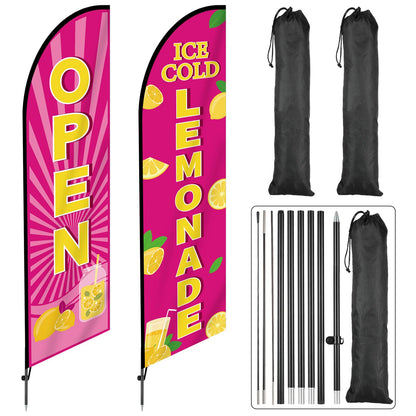2 Sets Lemonade Feather Flag for Business Advertising 11 FT Summer Lemonade Swooper Flag Sign with Pole Ground Stake Portable Bag Windless Welcome Open Banner for Outside Garden Business Store (Pink)
