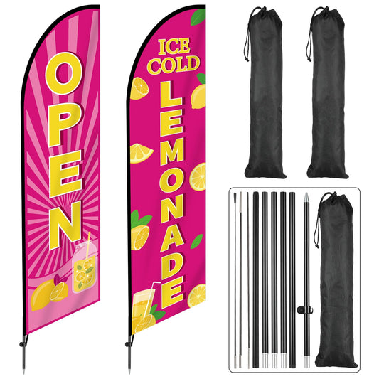 2 Sets Lemonade Feather Flag for Business Advertising 11 FT Summer Lemonade Swooper Flag Sign with Pole Ground Stake Portable Bag Windless Welcome Open Banner for Outside Garden Business Store (Pink)