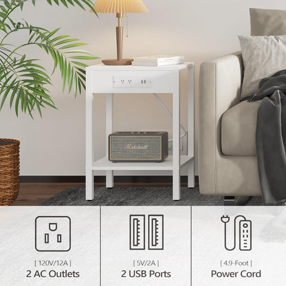 End Table with Charging Station, 2-Tier Nightstand with Storage Shelf,Modern Side Table,Bedside Table for Small Space in Living Room, Bedroom, Sofa Couch and Balcony, White MLBZ14WE