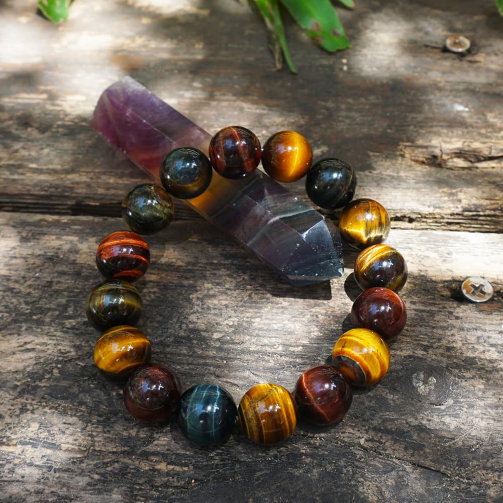 TaHLga Mixed Tigers Eye Mens Bracelet 14MM | Mixed Red Gold Blue | Fits for About 8" XLarge Wrist | Natural Solar Plexus Chakra Gemstones | Bring Luck Wealth Courage | Protection from Evil | Gift