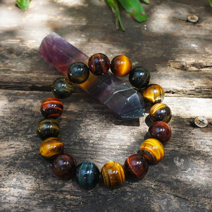 TaHLga Mixed Tigers Eye Mens Bracelet 14MM | Mixed Red Gold Blue | Fits for About 8" XLarge Wrist | Natural Solar Plexus Chakra Gemstones | Bring Luck Wealth Courage | Protection from Evil | Gift