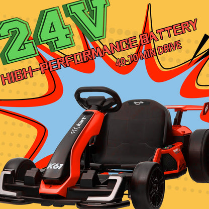KerryYoo K61 Go Kart Electric Drift Kart with Length Adjustable Seat, 24V Outdoor Ride on Toy with 4 Speed Mode, Crazy Kart for Kids 6-12 Years Old, Fast 300W Motor, 8.5 MPH, Bluetooth - Red