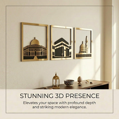 iwa concept Masjid Al Aqsa, Kaaba & Masjid An-Nabawi Islamic Wall Art, Wooden Blessed Places Islamic Wall Decor, Gift for Muslims at Ramadan Eid (Small, Gold | All Three)